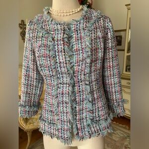 Boston Proper NWOT lovel tweed fringe jacket one hook closure size 4